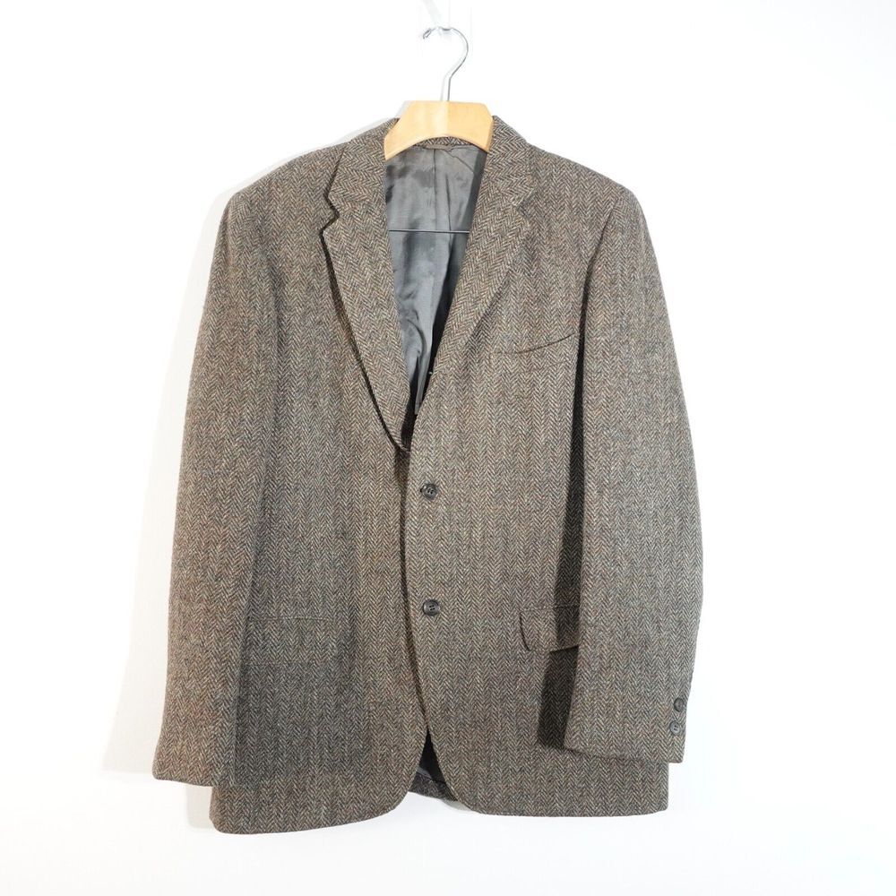 Vintage HARRIS TWEED Sport Coat Blazer Mens 42 M Brown Herringbone Scottish Wool